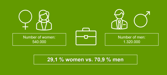 Graphic showing the number of women and men in economics with female and male symbols, businessperson icons, and a briefcase icon, indicating 540,000 women and 1,320,000 men, with percentages 29.1% women versus 70.9% men