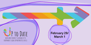 Illustration of a timeline in rainbow colours, „Up to date“ lettering and the date "February 29 / March 1"