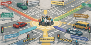 Menschenmenge in der Mitte einer Straßenkreuzung mit Pfeilen, die von verschiedenen Straßenschildern mit den Aufschriften 'Herkunft', 'Sexuelle Orientierung', 'Hautfarbe', 'Diskriminierung', 'Alter', 'Soziale Schicht' und 'Beeinträchtigung' auf sie zeigen. Auf den Straßen fahren Autos.