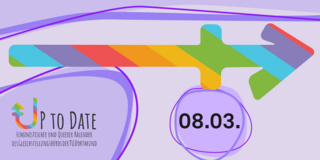 Abbildung eines Zeitstrahls in Regenbogenfarben, Schriftzug „Up to date“ und das Datum "08.03."