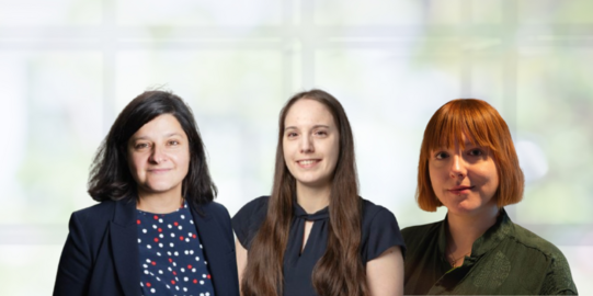 Three women, in a collage, stand together