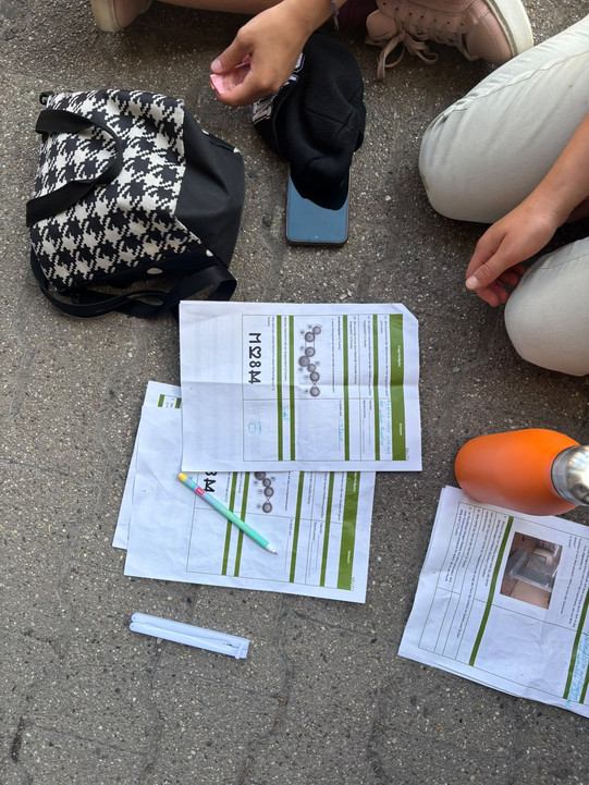 Aufnahme einer Person, die auf dem Boden sitzt. Sichtbar sind helle Hosenbeine, ein orangefarbener Thermobecher, mehrere ausgedruckte Arbeitsblätter mit grünem und schwarzem Text sowie Diagrammen, ein Kugelschreiber mit grünem Schaft, ein Handy mit hellblauer Hülle, ein schwarz-weiß gemusterter Rucksack und ein zusammengefalteter schwarzer Stoffgegenstand. Die Szene spielt auf einem asphaltierten Untergrund.
