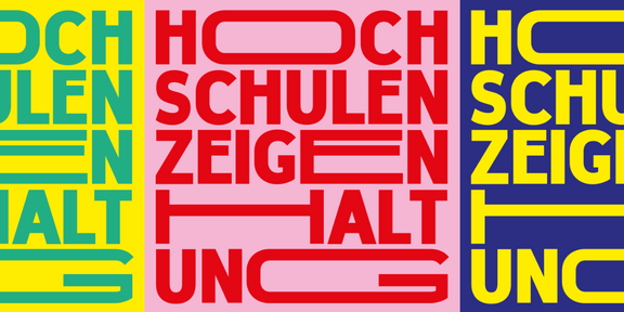 The statement “Universities take a stand” in distorted lettering is displayed three times side by side in different color combinations (green lettering on a yellow background, red lettering on a pink background, yellow lettering on a purple background).