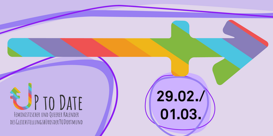 Abbildung eines Zeitstrahls in Regenbogenfarben, Schriftzug „Up to date“ und das Datum "29.02. / 01.03."