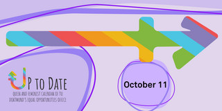 Illustration of a timeline in rainbow colours, „Up to date“ lettering and the date "October 11"