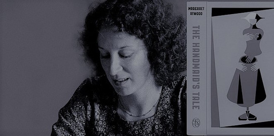 A picture collage with author Margaret Atwood and her book cover The Handmaid's Tale
