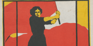 An old poster with an angry looking woman waving a flag.
