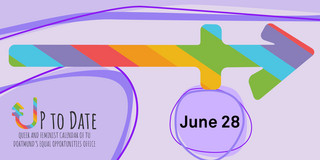 Illustration of a timeline in rainbow colours, „Up to date“ lettering and the date "June 28"
