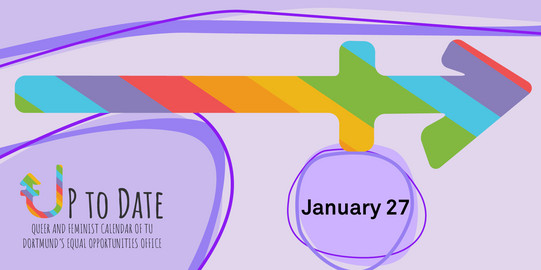 Illustration of a timeline in rainbow colours, „Up to date“ lettering and the date "January 27"