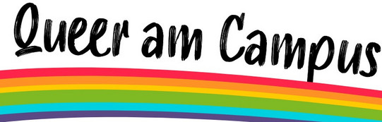 Über einem geschwungenen Regenbogen steht der Schriftzug "Queer am Campus"