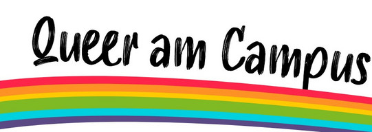 Über einem geschwungenen Regenbogen steht der Schriftzug "Queer am Campus"
