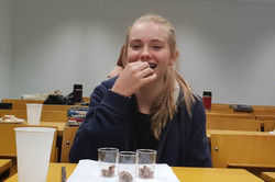 Ein Mädchen muss unterschiedliche Schokoladensorten in einem Dreieckstest erschmecken
