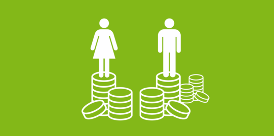 A male figure and a female figure stand on stacked coins. The male figure stands on more coins than the female figure.