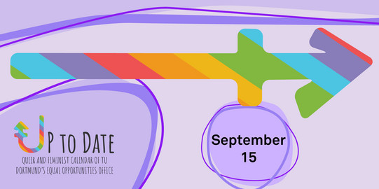 Illustration of a timeline in rainbow colours, „Up to date“ lettering and the date "September 15"
