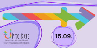 Abbildung eines Zeitstrahls in Regenbogenfarben, Schriftzug „Up to date“ und das Datum "15.09."