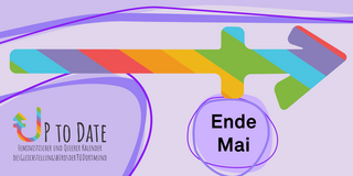 Abbildung eines Zeitstrahls in Regenbogenfarben, Schriftzug „Up to date“ und "Ende Mai"