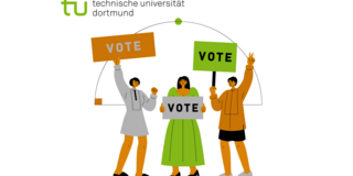Comicartige Menschen rufen mit Plakaten zum Wählen auf: "Vote"