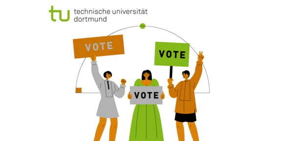 Comicartige Menschen rufen mit Plakaten zum Wählen auf: "Vote"
