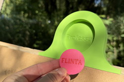 Hand hält pinke runde Marke mit der Prägung 'FLINTA' vor grünem Spielfeld mit der Prägung 'Professur'.