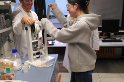 A girl is standing in front of a work surface with a press on it. With her right hand she is turning a crumb, with her left hand she is holding the press firmly. Behind the press is the workshop leader, who is also holding the press. Both are smiling. 