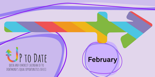 Illustration of a timeline in rainbow colours, „Up to date“ lettering and "February"