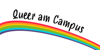 Regenbogen mit Schriftzug: Queer am Campus