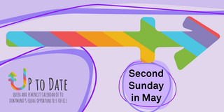 Illustration of a timeline in rainbow colours, „Up to date“ lettering and "Second Sunday in May"