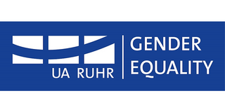 Logo: "UA Ruhr Gender Equality". Weiße Schrift auf blauem Hintergrund.