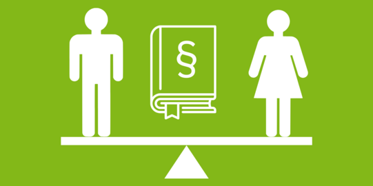 A man and a woman stand on a seesaw, a law book is between them