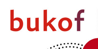 Red lettering ‘bukof’. Logo: Many small black dots forming a semicircle and a large red circle