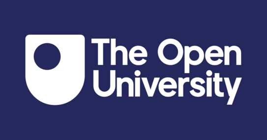 A dark blue circle is depicted on a white sign. ‘The Open University’ is written in white lettering to the right of it