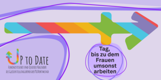 Abbildung eines Zeitstrahls in Regenbogenfarben, Schriftzug „Up to date“ und "Tag, bis zu dem Frauen umsonst arbeiten"