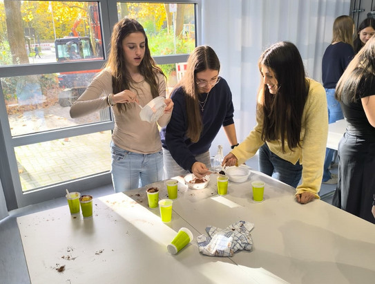 Mehrere Teilnehmerinnen des Workshops forschen zur Agglomeration an Kakaopulver.
