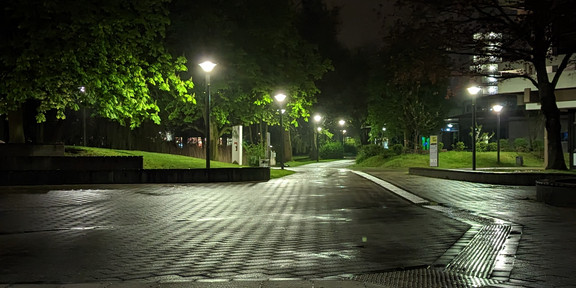 The campus at night with little lighting