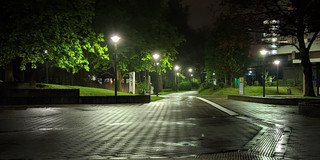 The campus at night with little lighting