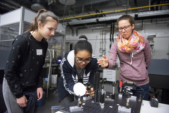 Three young women experiment together with a laser