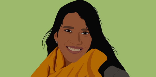 Illustration of a person with long black hair and an orange scarf against a green background, face obscured.
