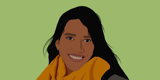 Illustration of a person with long black hair and an orange scarf against a green background, face obscured.