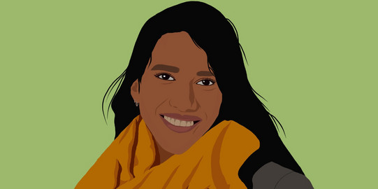 Illustration einer Person mit langen schwarzen Haaren und einem orangefarbenen Schal vor grünem Hintergrund, Gesicht unkenntlich gemacht