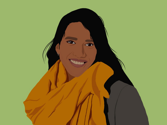 Illustration einer Person mit langen schwarzen Haaren und einem orangefarbenen Schal vor grünem Hintergrund, Gesicht unkenntlich gemacht