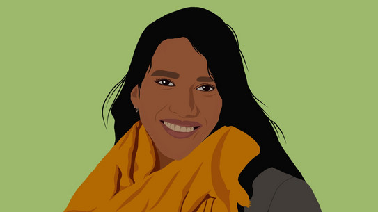 Illustration of a person with long black hair and an orange scarf against a green background, face obscured.