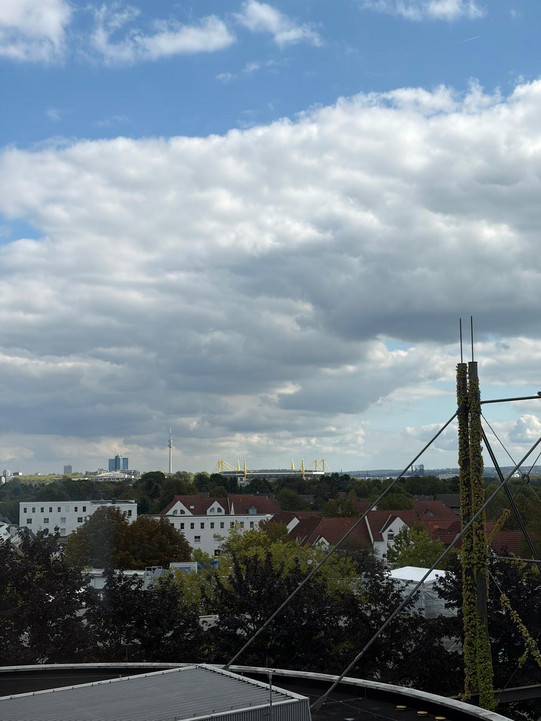 Blick vom Mathetower der TU Dortmund über Baumkronen und Dächer einer Wohnsiedlung mit einem hohen, mit Pflanzen bewachsenen Mast und bewölktem Himmel im Hintergrund. Am Horizont sind die gelben Masten des Signal Iduna Parks zu erkennen.