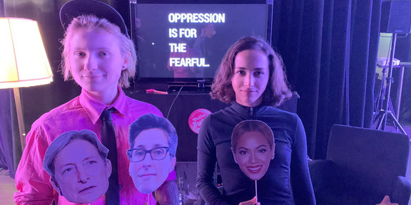 Laura N. Junghanns and Penelope Kemekenidou show hand puppets of Butler, Butch and Beyoncé