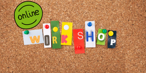 Ein Schriftzug, der auf Online Workshops hinweist