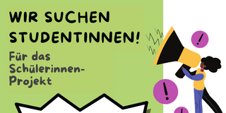 Schwarze schrift grünem Hintergrund: "Wir suchen Studentinnen! Für das Schülerinnen-Projekt". Dadrunter steht das Logo des Projekts "MinTU" in grüner schrift auf weißem Hintergrund. Unten rechts in der Ecke ist eine Sprechblase abgebildert in der steht "SHK-Job". Auf der rechten Seite ist auf weißem Hintergrund eine Grafik einer weiblichen Person abgebildet, die in ein überdimensional großes Megaphone spricht. Unten links in der Ecke ist auch eine weibliche PErson abgebildet, die eine große Glühbirne hält. Unten rechts in der Ecke steht das Logo des Gleichstellungsbüros der TU Dortmund.