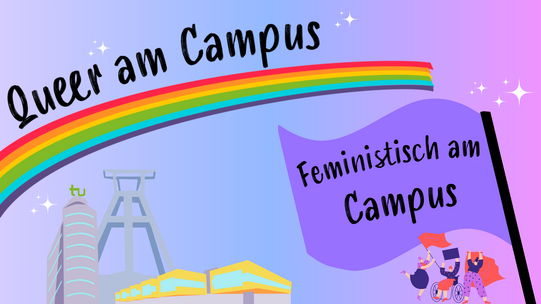 Die Hintergrundfarbe des Bildes verläuft von links nach rechts von einem sanften lila in ein sanftes pink. Oben links in der Ecke steht in schwarzer Schrift „Queer am Campus“. Unter der Schrift verläuft ein Streifen in Regenbogenfarben. Unten links sind comichafte Darstellungen des TU-Mathetowers, des Mensa-Gebäudes und eines Förderturms dargestellt. Unten rechts in der Ecke ist eine lila Fahne abgebildet, auf der in schwarzer Schrift „Feministisch am Campus“ steht. Unter der Fahne sind drei weiblich gelesene Personen dargestellt, die Fahnen in den Händen halten.