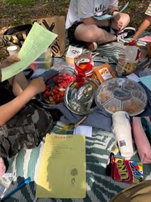 Mehrere Personen sitzen auf einer Decke im Freien, umgeben von Papieren, Snacks und Getränken.